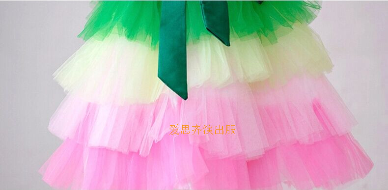 Pre-order ชุดแฟนซี ชุดแสดง ชุดกระโปรง เกาะอกสายเดี่ยว แต่งใบไม้ ดอกไม้ ช่วงอก กระโปรงตาข่ายหลากสีเป็นชั้น ๆ