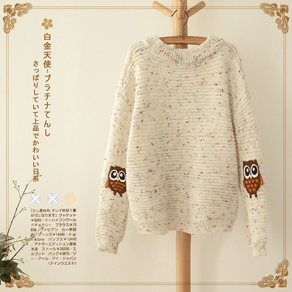 เสื้อสเวตเตอร์ไหมพรมนิ่ม แขนปักลายนกฮูกน่ารัก (11551LM)