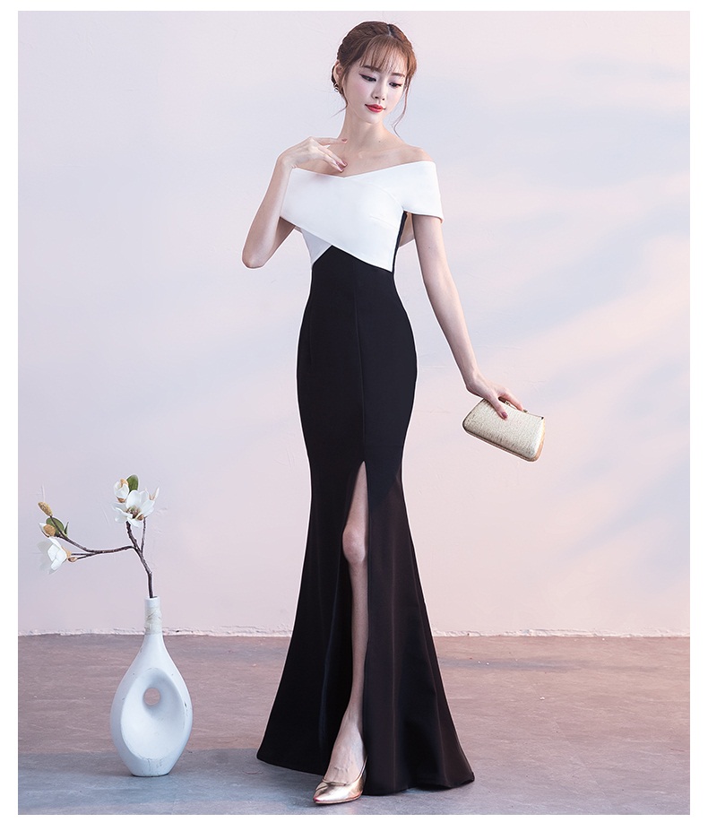 ชุดราตรียาวแบบไหล่ปาดสีทูโทน ทรงเข้ารูป แบบเก๋ (ซิปหลัง)