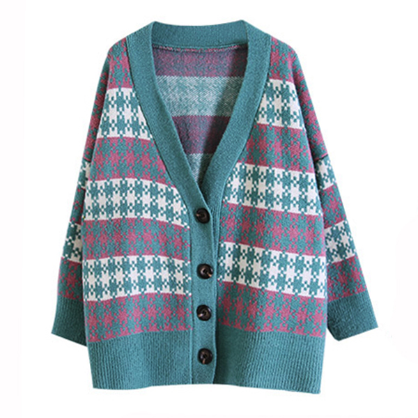 CARDIGAN เสื้อคลุมไหมพรมคอวี ผ้าหนานุ่มถักลายตาราง (12272B)