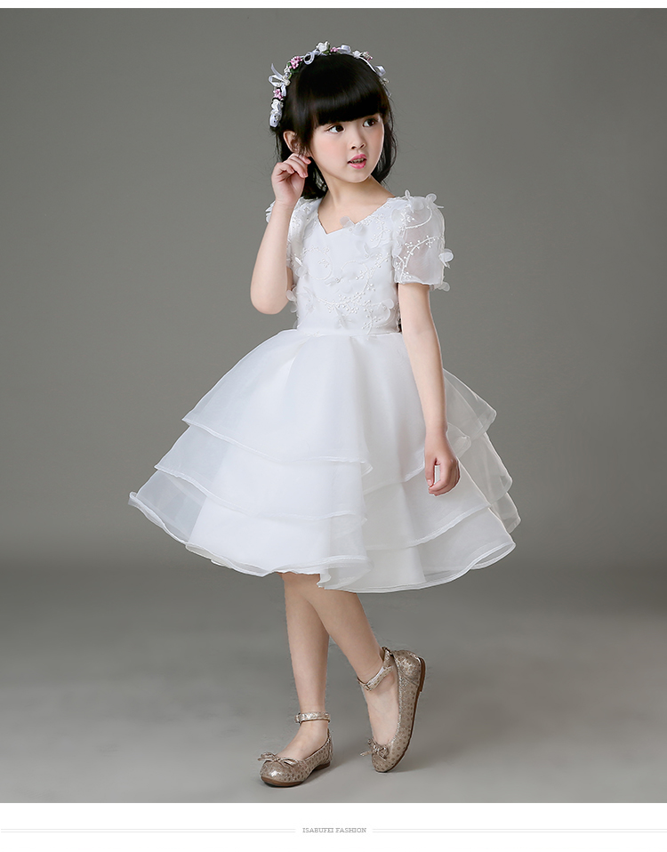 Pre-order ชุดราตรีเด็ก ชุดออกงาน ชุดกระโปรง สไตล์เจ้าหญิง แขนสั้น คอวี ผ้าลูกไม้ช่วงอก กระโปรงผ้าแก้ว เป็นชั้น ๆ มีซิปหลัง