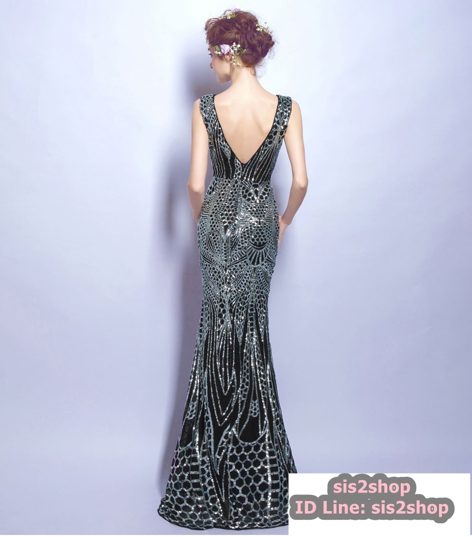 พร้อมเช่า ชุดราตรียาว ชุดออกงานกลางคืน งานพรอม แบบแขนกุด สีดำปักเลื่อมทั้งชุด หรูหรา Sexy แหวกหน้าขา โชว์หลัง