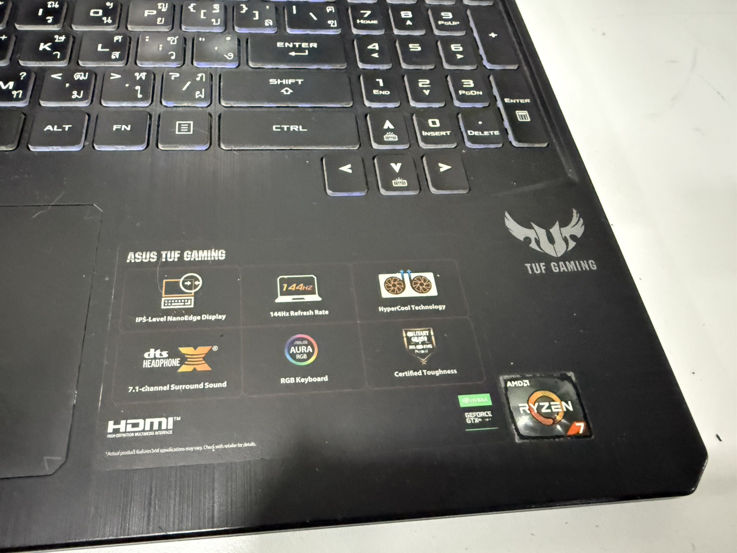 Notebook Asus TUF Gaming FX505DT(Ryzen7 3750H/16GB/M.2 512GB/GTX1650 4GB)+Adapter จอ Bright บานพับแตก Keyborad ลอก ลำโพงแตก แบต 48% พัดลมดัง