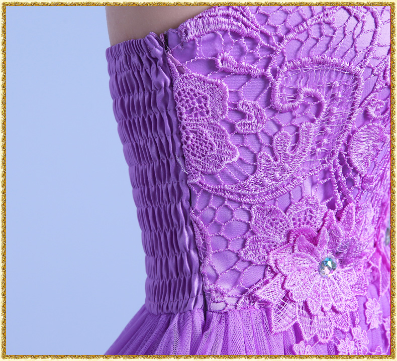 พร้อมส่ง ชุดราตรีสั้น เพื่อนเจ้าสาว สีม่วง กระโปรงตาข่ายแบบเกาะอก หน้าสั้นหลังยาว พร้อมสร้อยคอลายลูกไม้ ถอดแยกได้ ซิปข้างลำตัว (จับสม๊อกด้านหลัง) ** เหลือเฉพาะไซส์เล็ก **