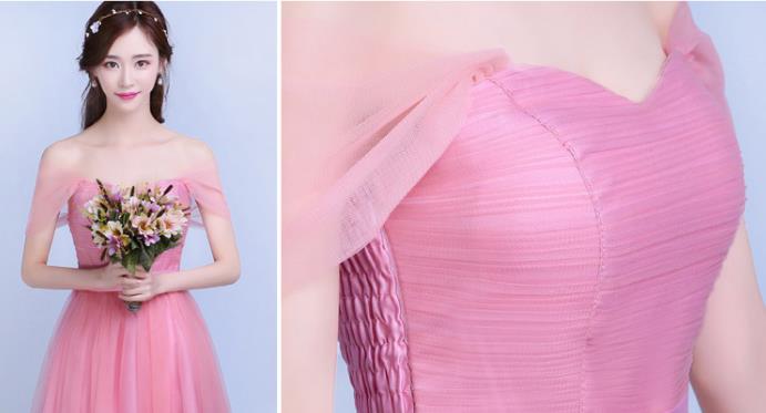 พร้อมส่ง ชุดราตรีสั้น เพื่อนเจ้าสาว กระโปรงตาข่าย สีชมพูกลีบบัว ใส่เป็นแบบแขนกุด หรือ ปิดไหล่ก็ได้ (จับสม๊อกด้านหลัง)