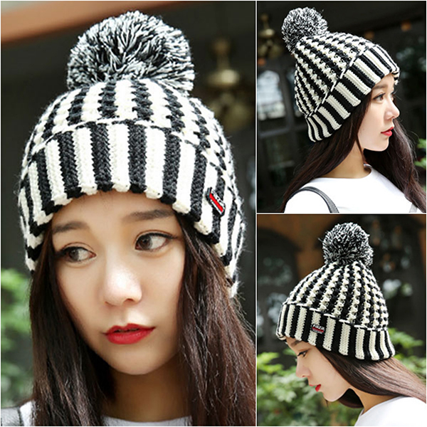 หมวกไหมพรมกันหนาวซับผ้าสำลีหนานุ่ม แต่งปอมใหญ่ (11433L)