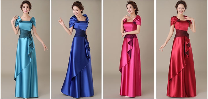 Pre-order ชุดราตรียาว ปิดไหล่ แต่งดอกกุหลาบ จับจีบสวย ผ้าซาติน ซิปหลัง มีไซส์ใหญ่