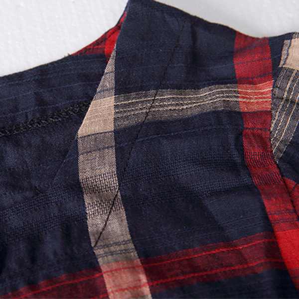 เสื้อแฟชั่นวินเทจ แขนยาวมีสแนป ผ้าทอนิ่มลายตาราง (11491M)