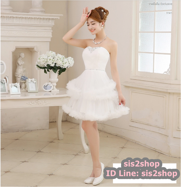 พร้อมเช่า ชุดแฟนซี ชุดราตรีสั้น สีขาว เกาะอก กระโปรงเป็นชั้น ๆ