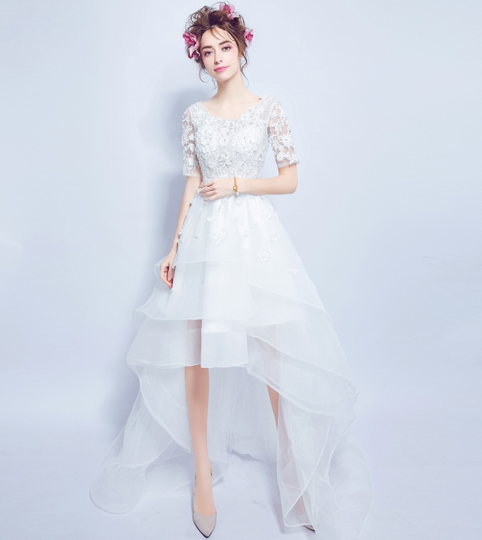 Pre-order ชุดแฟนซี ชุดเจ้าสาว ชุดราตรี หน้าสั้นหลังยาว แขนสั้น แต่งผ้าลูกไม้ สวยหรู เชือกผูกหลัง