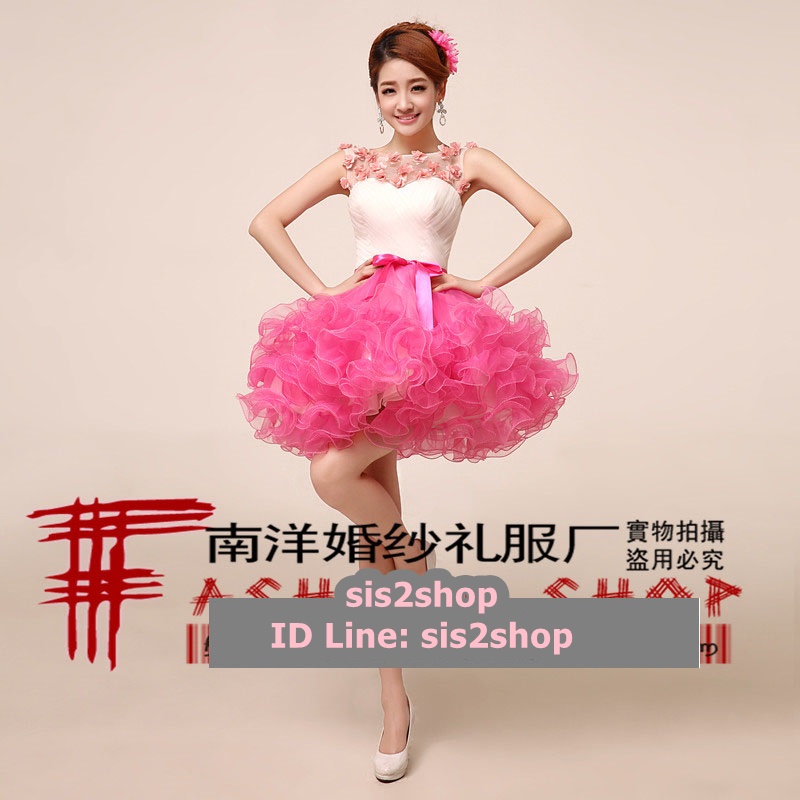 พร้อมเช่า ชุดแฟนซี ชุดราตรีสั้น กระโปรงผ้าแก้วย้วยพองฟู น่ารักมาก แต่งดอกไม้ช่วงอก สีชมพู