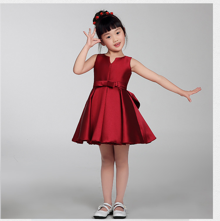 Pre-order ชุดราตรีเด็ก ชุดออกงาน ชุดกระโปรง สไตล์เจ้าหญิง แขนกุด ผ้าไหมดัชเดช คาดเอวด้วยโบว์ กระโปรงจับจีบ แต่งโบว์ด้านหลัง มีซิป