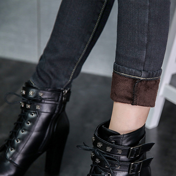 กางเกงยีนส์กันหนาว เอวสูง ทรงสลิม ซับกำมะหยี่ใส่ติดลบได้ (12339X)