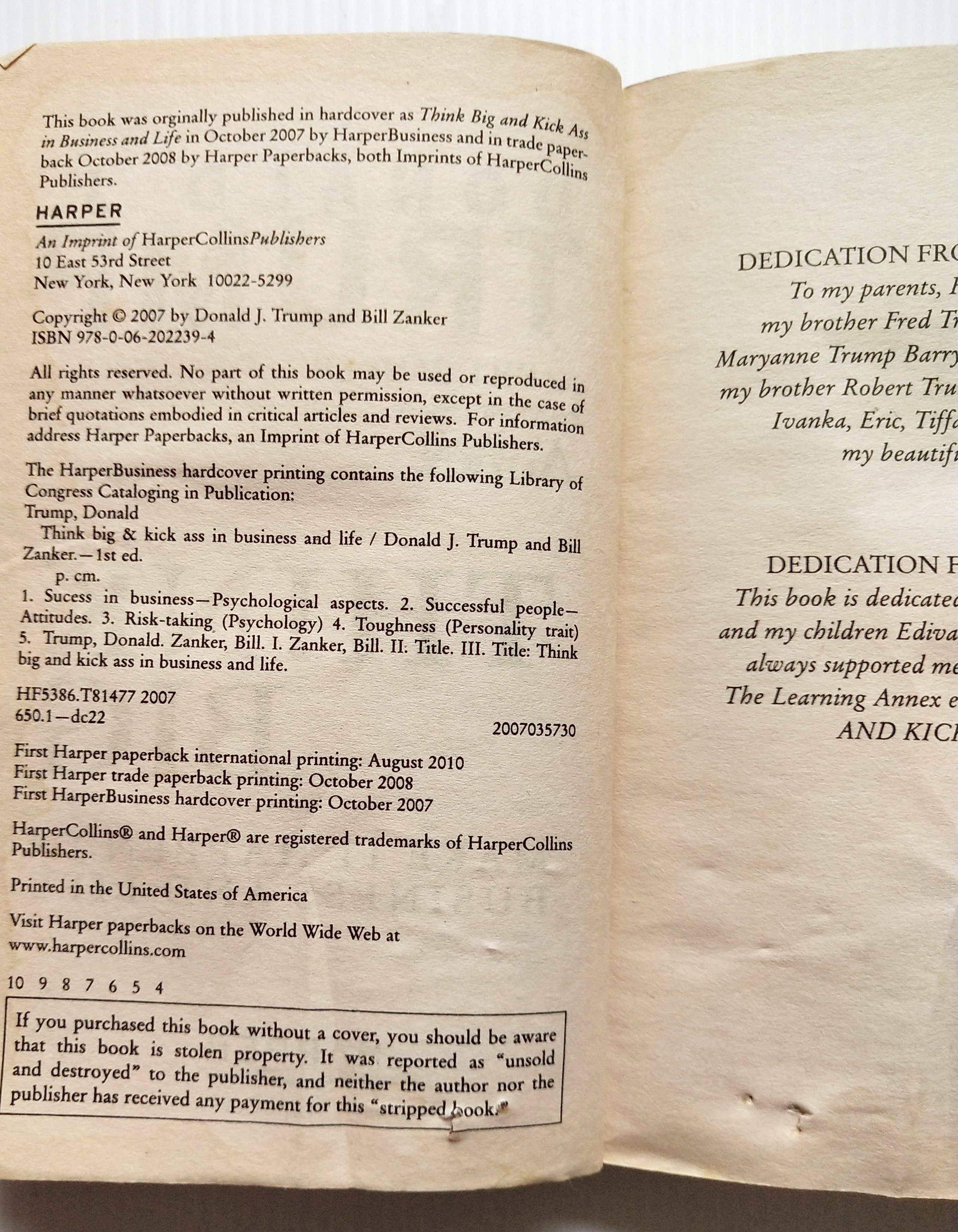 หนังสือแนวทักษะการบริหารจัดการ ฉบับภาษาอังกฤษ **หนังสือมีตำหนิทั้งเล่ม ตามภาพ*THINK BIG" โดย Donald J.Trump และ Bill Zanker, president/founder The Learning Annex _Make It Happen in Business and Life