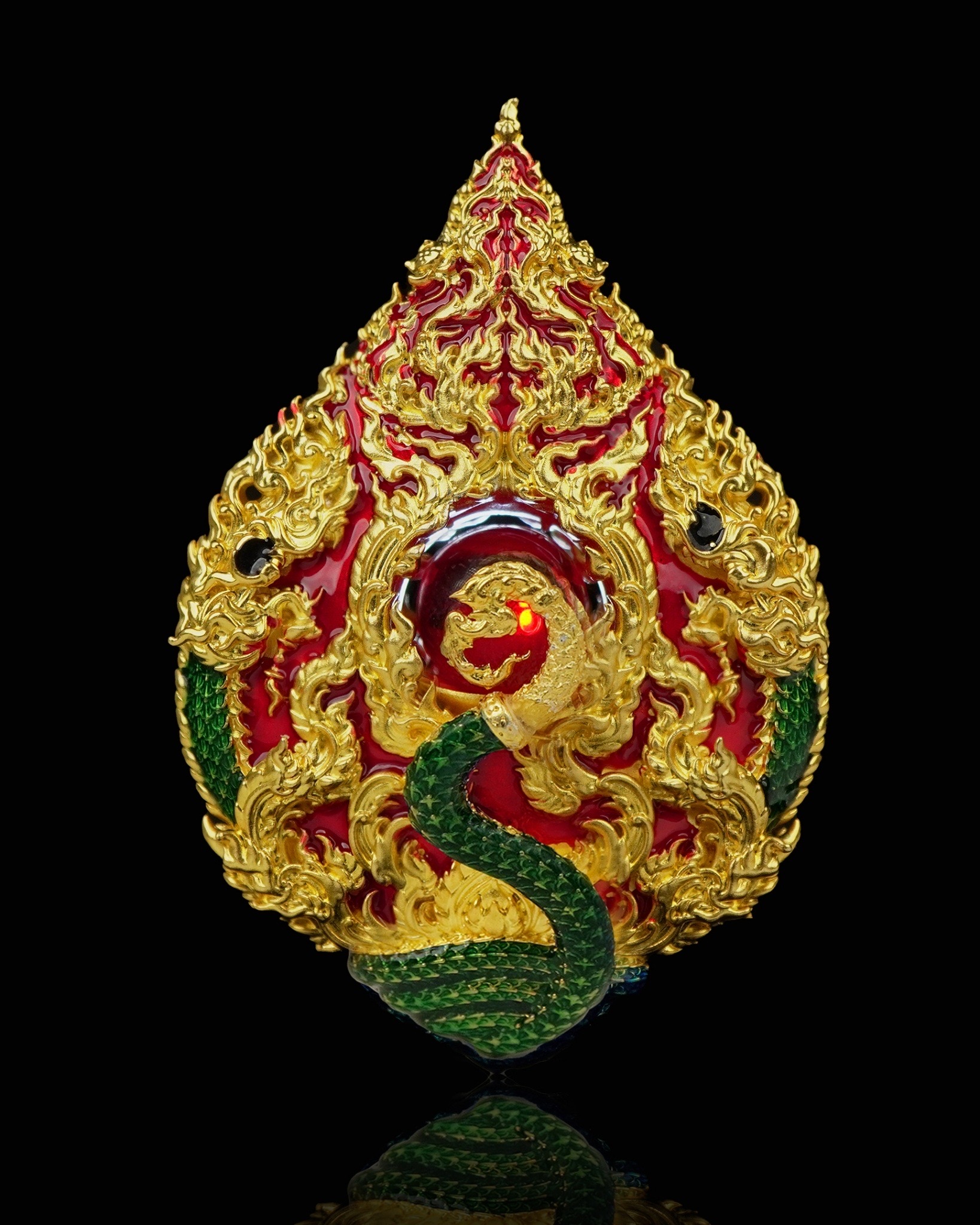 เหรียญมณีนาคราชแก้วบุญฤทธิ์ รหัส3 เนื้อบรอนซ์ชุบ2K ลงยาแดงเขียว