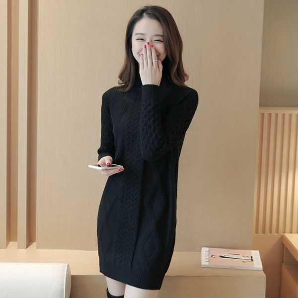 เสื้อไหมพรมคอเต่าตัวยาว แขนยาว ถักลายนูน (11994B)