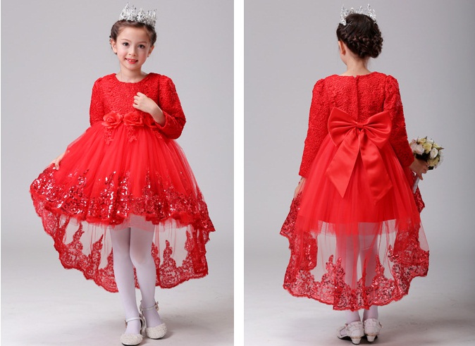 Pre-order ชุดราตรีเด็ก หน้าสั้นหลังยาว แขนยาว กระโปรงตาข่าย แต่งดอกไม้ช่วงเอว ปักเลื่อมที่ชายกระโปรง แต่งโบว์ด้านหลัง สวยน่ารัก