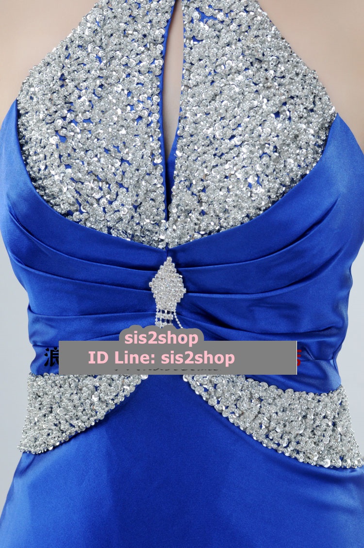 พร้อมส่ง ชุดราตรียาว คล้องคอ สีครีม Champagne ปักเลื่อมเน้นช่วงเอว และปกคอจีน