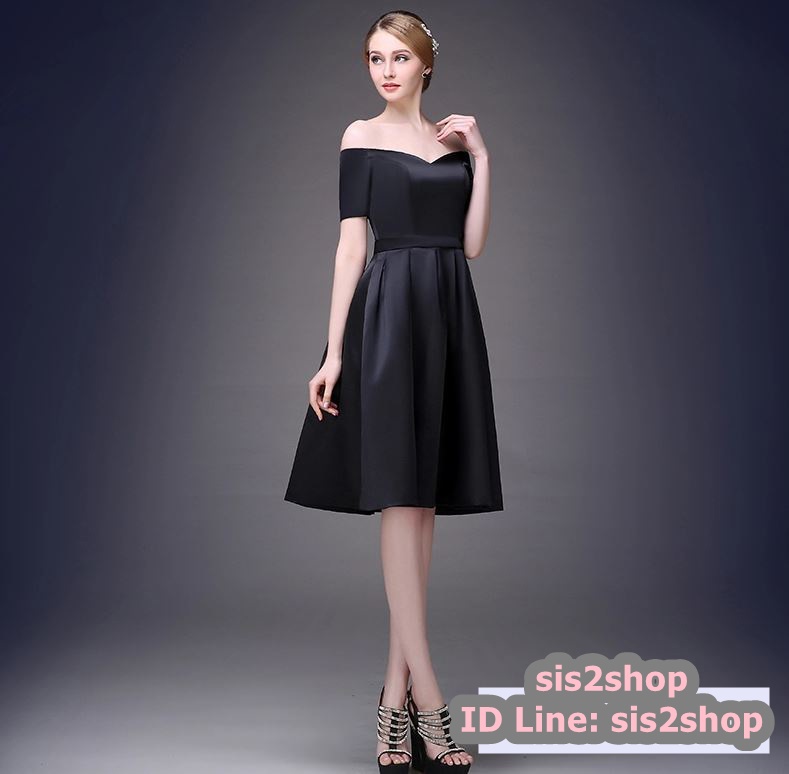 Pro-order ชุดราตรีสั้น ปาดไหล่ แขนสั้น ผ้าซาติน คอเว้า Sweet heart กระโปรงจับจีบ สวยหรู สีดำ