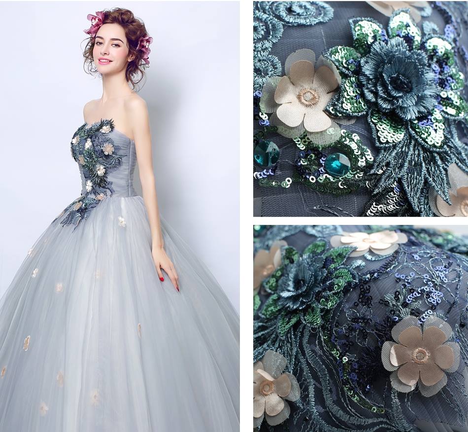 Pre-order ชุดแฟนซี ชุดราตรียาว เกาะอก สีน้ำเงิน แต่งดอกช่วงอกและเอว กระโปรงพองสวย สไตล์เจ้าหญิง