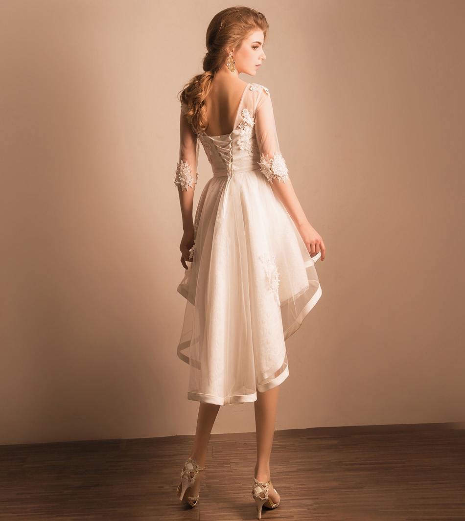 Pre-order ชุดแฟนซี ชุดเจ้าสาว ชุดราตรี สีขาว หน้าสั้นหลังยาว แต่งผ้าลูกไม้ เชือกผูกหลัง