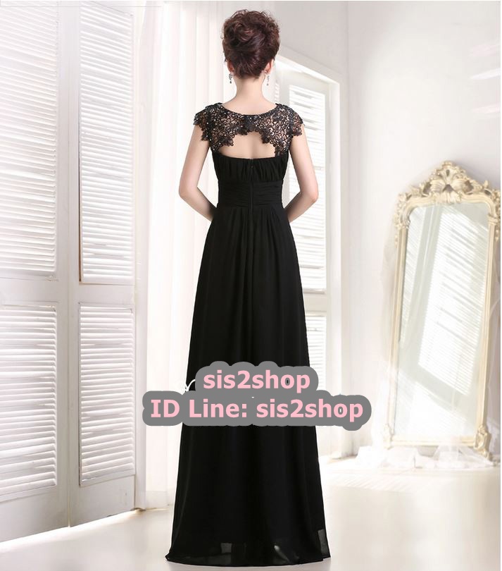 พร้อมส่ง ชุดราตรียาว สีดำ แต่งลูกไม้ประดับคริสตัส กระโปรงผ้าชีฟอง แบบเซ็กซี่โชว์หลัง