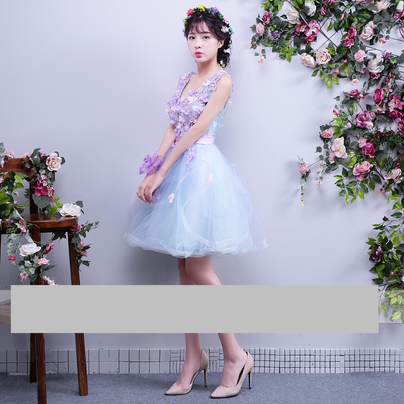 Pre-orderชุดแฟนซีชุดราตรีสั้นเแขนกุดแต่งดอกไม้สไตล์เจ้าหญิง