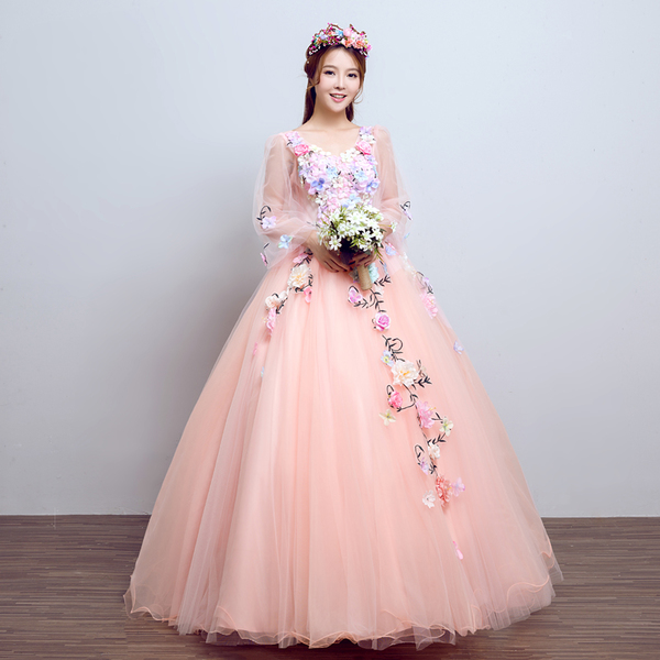 Pro-order ชุดราตรี ชุดแฟนซียาว แขนยาว คอวี ผ้าแก้ว แต่งดอกไม้แฮนด์เมด สไตล์เจ้าหญิง กระโปรงพองสวย เชือกผูกหลัง สวยหรู