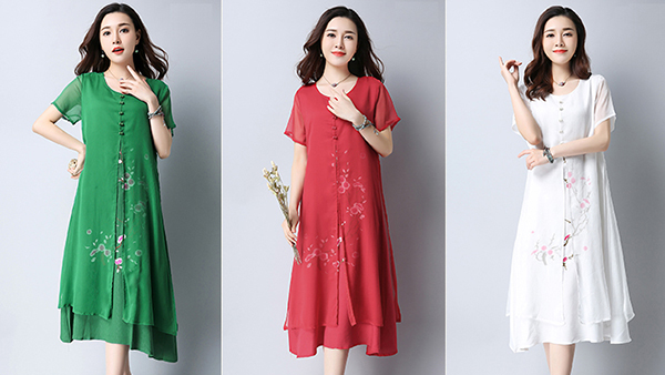 เดรสยาวผ้าฝ้ายญี่ปุ่นปักลายดอก ชายพริ้วสวย (11811M)