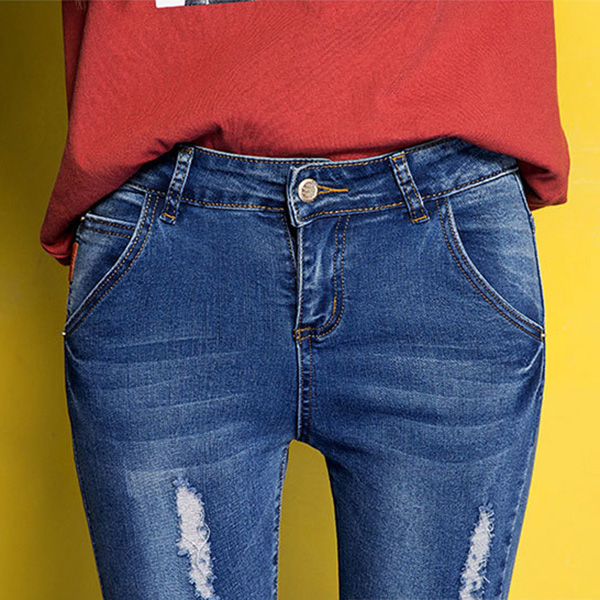 กางเกงยีนส์ทรงสกินนี่ ขายาวแปดส่วน แต่งขาแนวเซอร์ (11932X)