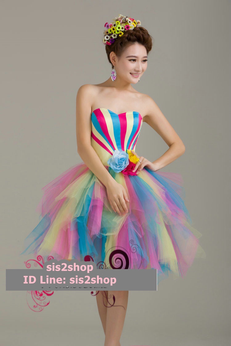 พร้อมเช่า ชุดแฟนซี ชุดราตรีสั้น เกาะอก Sweet Heart แต่งดอกช่วงเอ สายรุ้ง Rainbow เชือกผูกหลัง
