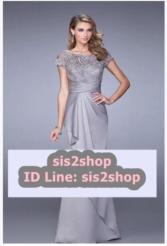 พร้อมส่ง ชุดราตรียาว แขนสั้น ผ้าซาติน จับจีบตีเกล็ดช่วงเอว เนื้อผ้าลูกไม้ เรียบหรู สีเทา