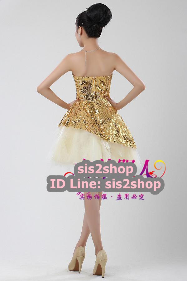 พร้อมส่ง ชุดราตรีสั้น เกาะอก สีทอง ช่วงอกผ้าปักเลื่อม กระโปรงผ้าโปร่ง ทรง Tutu วนิดา (เชือกผูกหลัง)