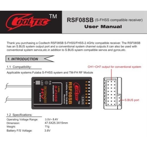 CoolTec RSF08SB 8CH Compatible Receiver for Futaba S-FHSS S.BUS 14SG 10J 8J 6J 4GRS 4PX Transmitter RSF08SB