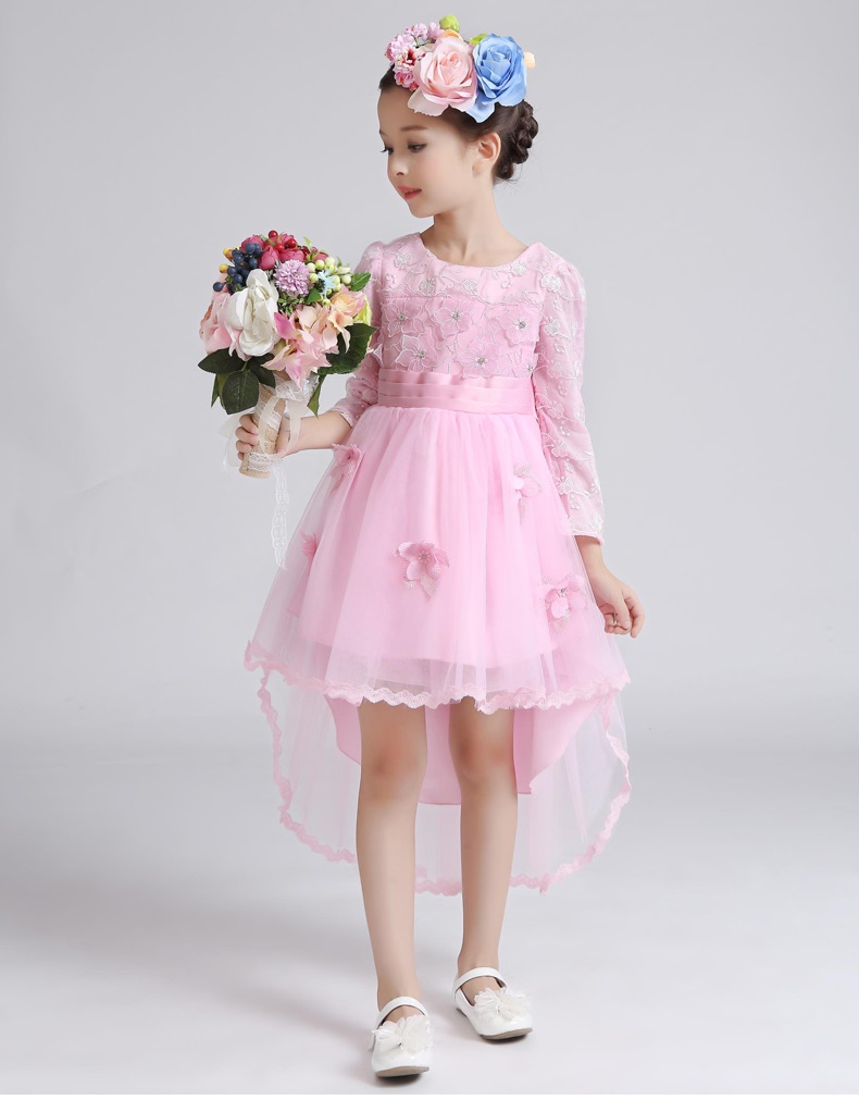 Pre-order ชุดราตรีเด็ก หน้าสั้นหลังยาว แขนยาว ผ้าลูกไม้ กระโปรงตาข่าย ปักเลื่อม แต่งดอกไม้ แต่งโบว์ ซิปหลัง