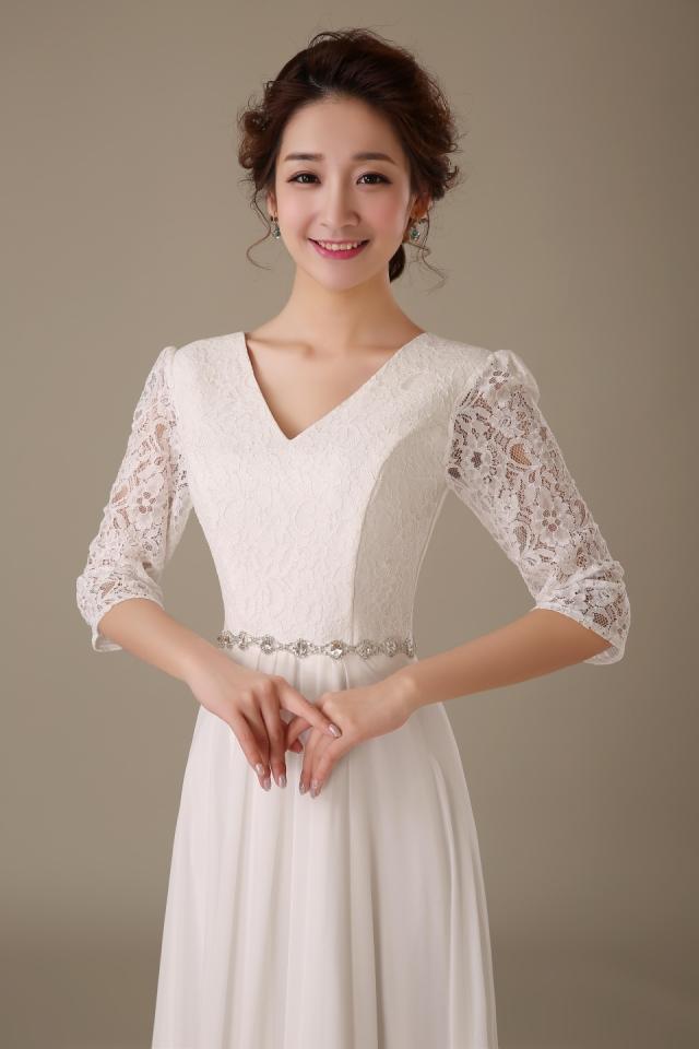 Pre-order ชุดราตรียาว ชุดเพื่อนเจ้าสาว ผ้าชีฟอง อกแต่งลูกไม้ แต่งเพชรที่เอว