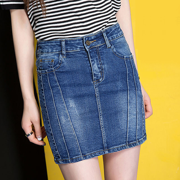 กระโปรงยีนส์แฟชั่น ทรงเอ แต่งกระเป๋าคู่ (11802X)