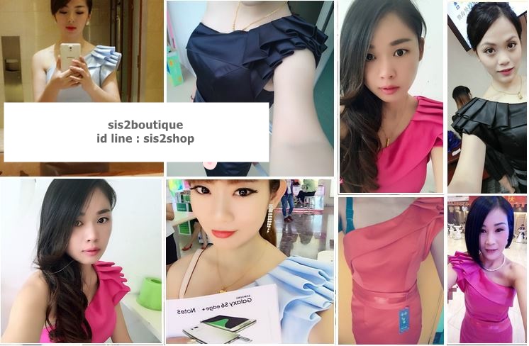 พร้อมส่ง ชุดราตรีสั้น ไหล่เดียว แต่งจีบระบายไหล่ขวา ผ้าซาตินเงา เรียบหรู ซิปข้าง สีแดง
