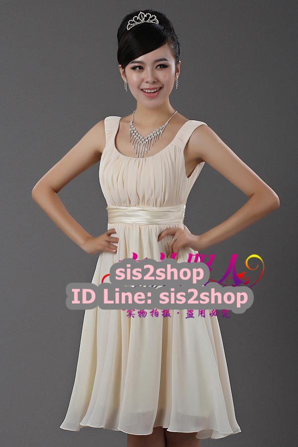 พร้อมส่ง ชุดราตรีสั้น แขนกุด สีครีม Champagne ตีเกล็ดช่วงอก ผ้าซาติน **เหลือเฉพาะไซส์ M , L **