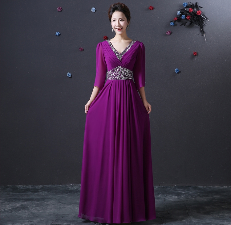 Pro-order ชุดราตรียาว แขน4ส่วน คอวีลึก จับจีบ ปักเลื่อม ซิปหลัง ไซส์ใหญ่ XS-4XL