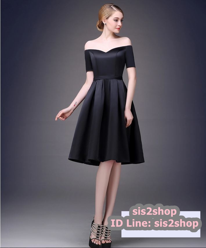 Pro-order ชุดราตรีสั้น ปาดไหล่ แขนสั้น ผ้าซาติน คอเว้า Sweet heart กระโปรงจับจีบ สวยหรู สีดำ