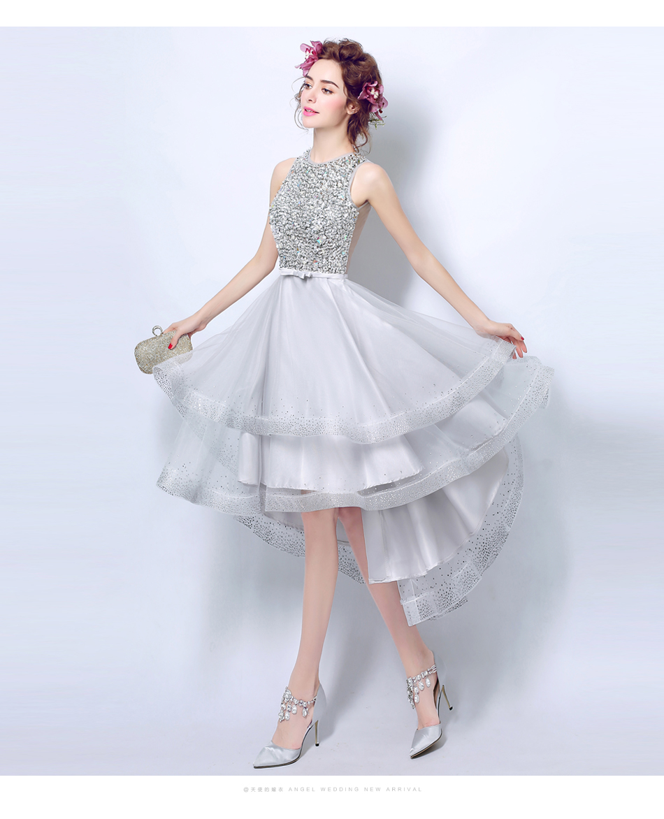 Pre-order ชุดแฟนซี ชุดเจ้าสาว ชุดราตรีสั้น สีเทาอ่อน แขนกุด ปักเลื่อมช่วงบน กระโปรงตาข่าย สวยหรู