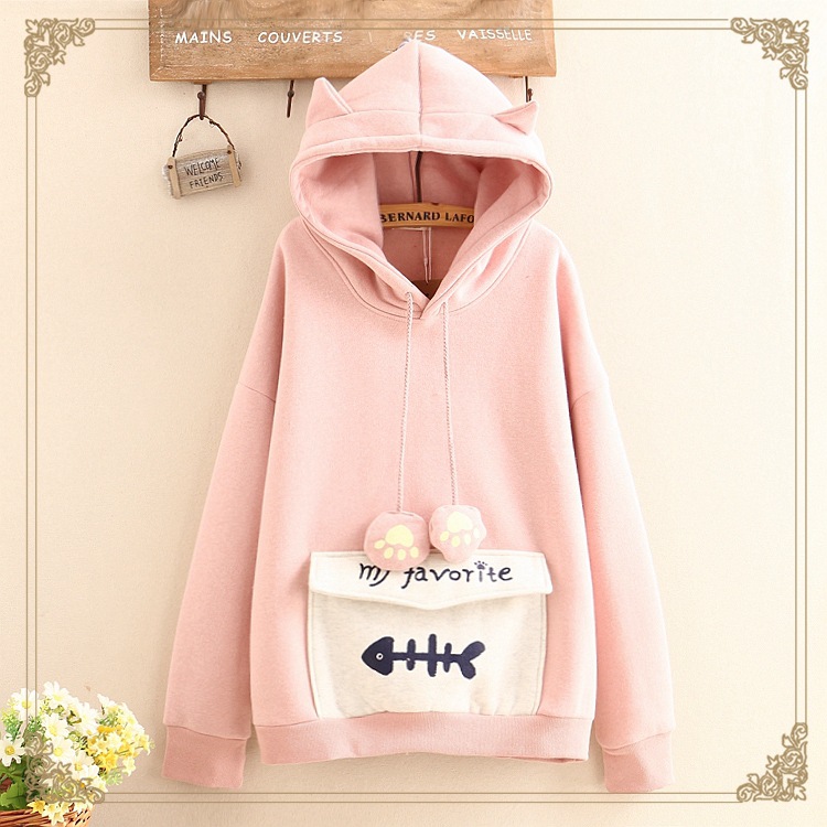 เสื้อสเวตเตอร์กันหนาว เสื้อฮู้ดแต่งหูแมวมีกระเป๋าใหญ่น่ารัก (12338LM)