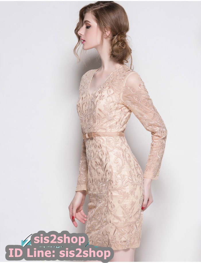 พร้อมส่ง ชุดเดรส/ชุดออกงาน แขนยาว ดีไซน์ผ้าลูกไม้ทั้งชุด พร้อมซับใน สี Apricot (ซิปหลัง) ** เหลือเฉพาะไซส์ 2XL