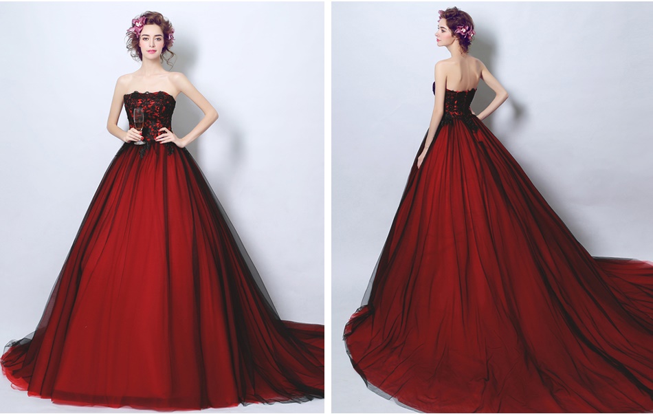 Pre-orderชุดแฟนซีชุดราตรียาวเกาะอกสีดำแดงแต่งผ้าลูกไม้สไตล์เจ้าหญิง