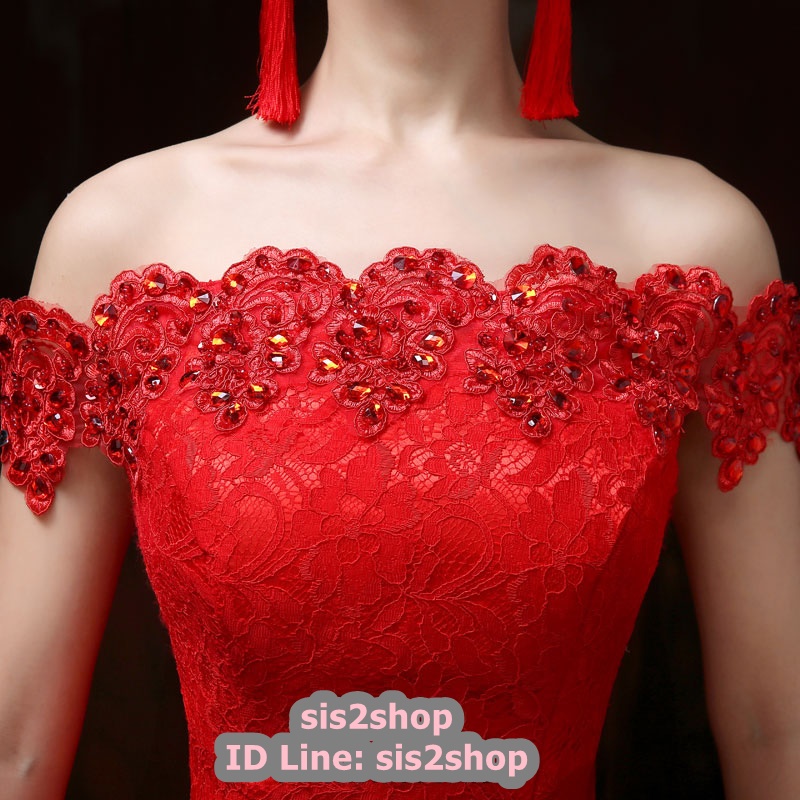 พร้อมส่ง ชุดราตรีสั้น แบบปาดไหล่เซ็กซี่ เข้ารูป สีแดง ผ้าลูกไม้ แต่งเลื่อมสุดหรู (เชือกผูกหลัง)