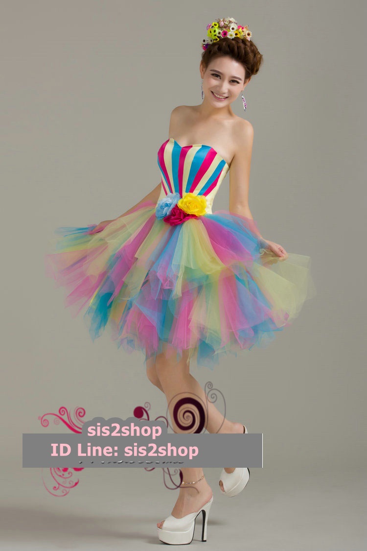 พร้อมเช่า ชุดแฟนซี ชุดราตรีสั้น เกาะอก Sweet Heart แต่งดอกช่วงเอ สายรุ้ง Rainbow เชือกผูกหลัง