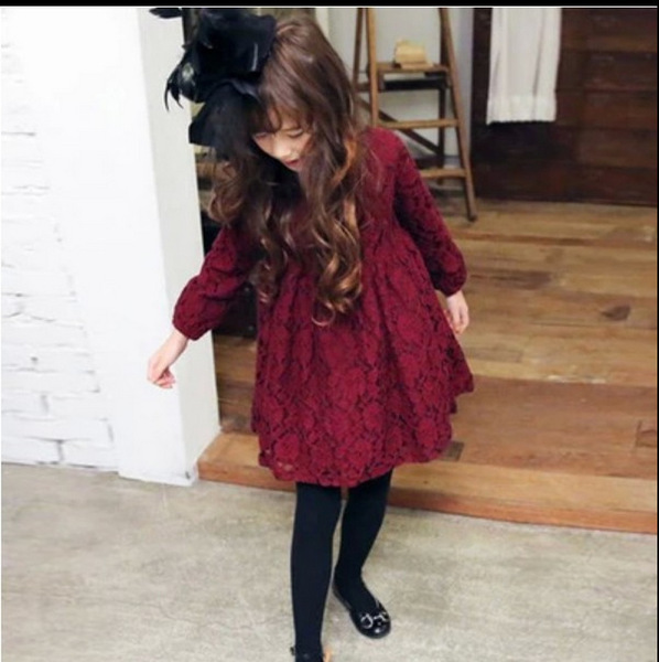 Pre-Order ชุดราตรีเด็ก ชุดเดรสลูกไม้ สไตล์เกาหลี สีไวน์แดง