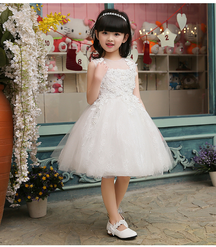 Pre-order ชุดราตรีเด็ก ชุดออกงาน ชุดกระโปรงสไตล์เจ้าหญิง แขนกุด ผ้าลูกไม้ช่วงอก กระโปรงตาข่าย มีซิป