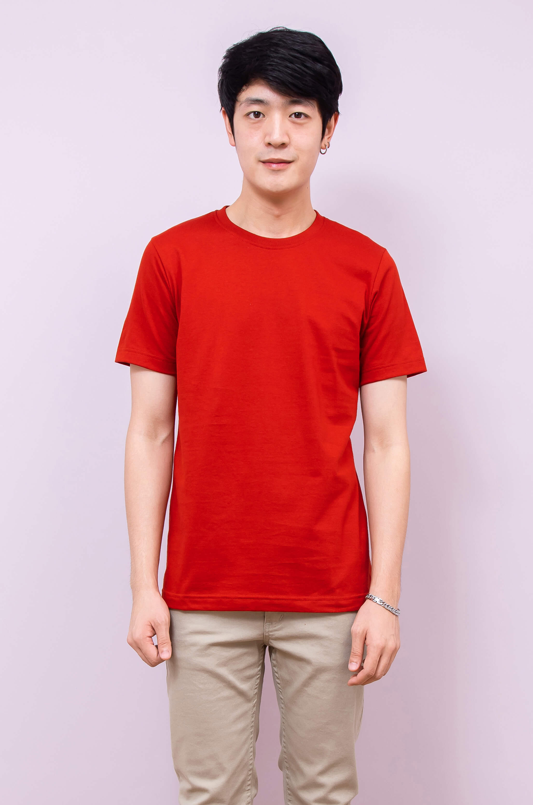 เสื้อยืด OV101 คอกลม ผ้าCotton100% 32 เนื้อนุ่ม ใส่สบาย สีแดงอมส้ม